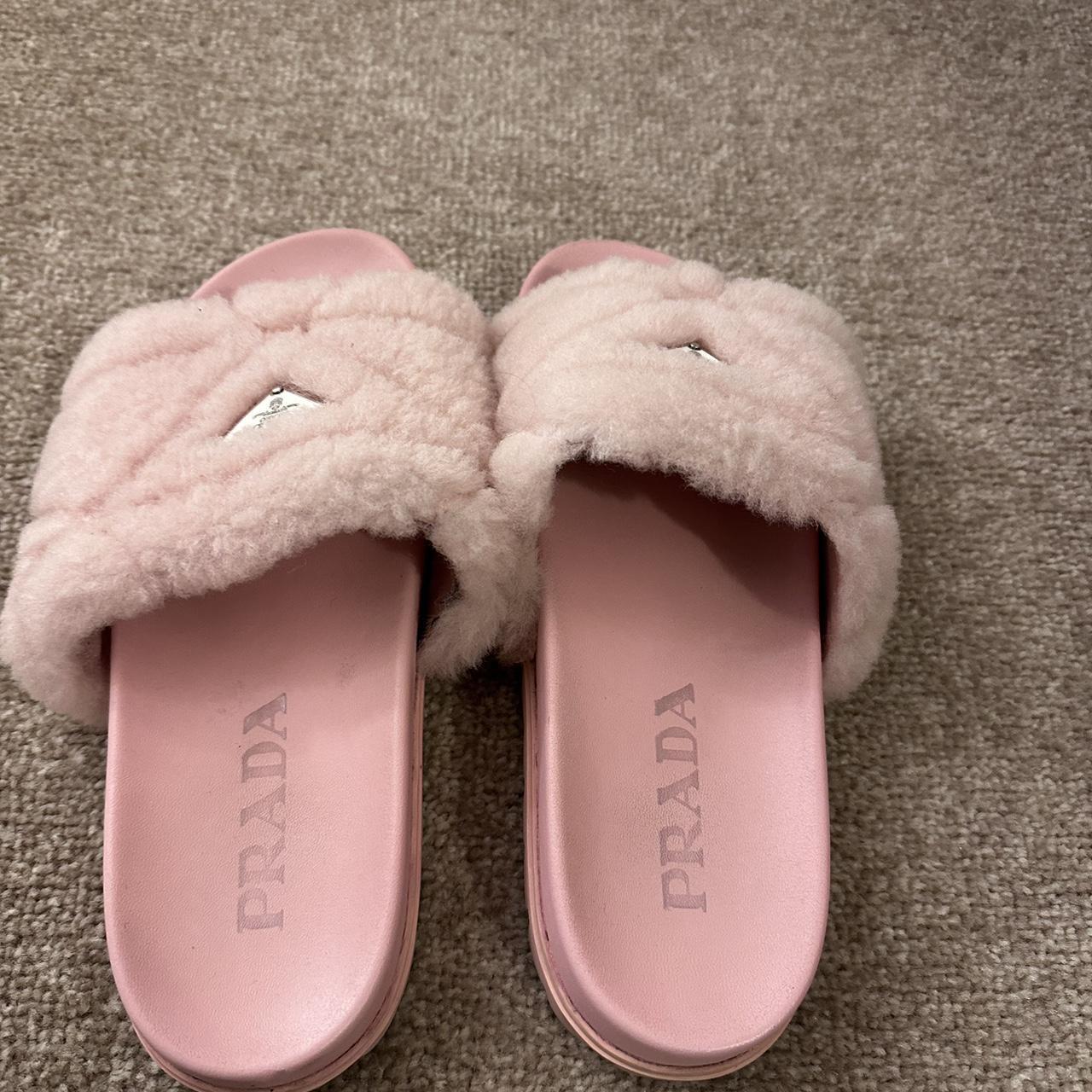 Flip Flops Prada Fluffy Slides Pink Prada Faux Fur Slides FASHION
