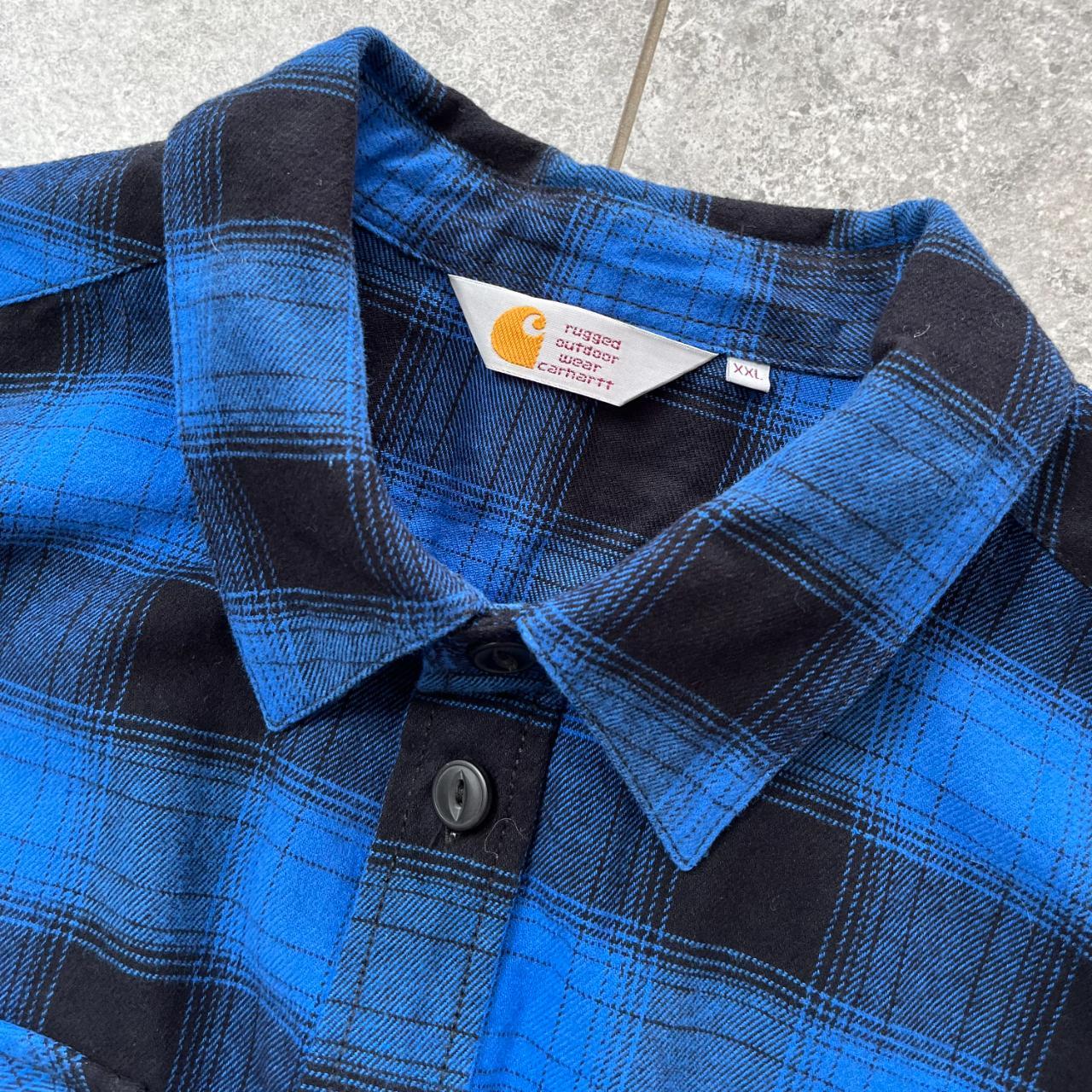 Blue and black flannel plaid shirt with patch... - Depop