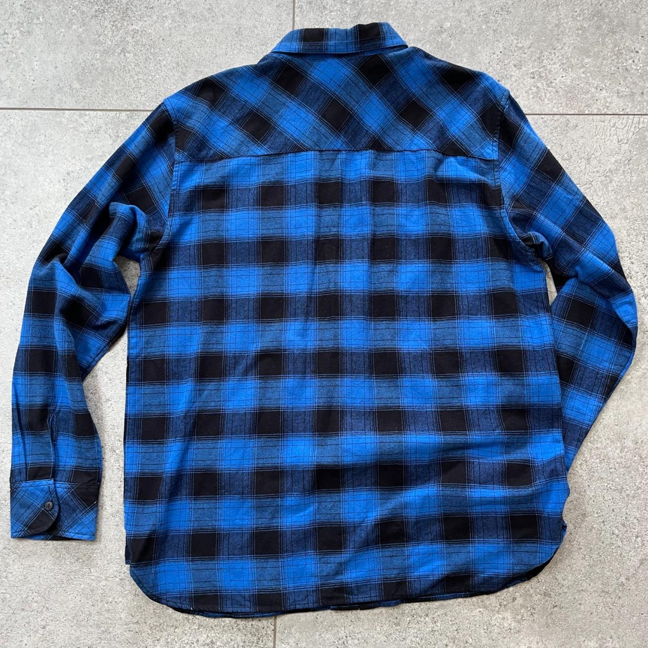 Blue and black flannel plaid shirt with patch... - Depop