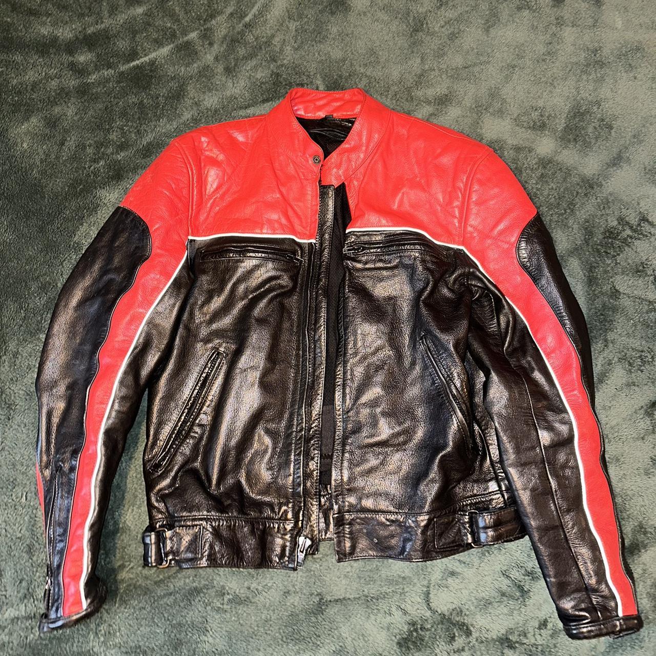 Red and black authentic leather motorcycle jacket... - Depop