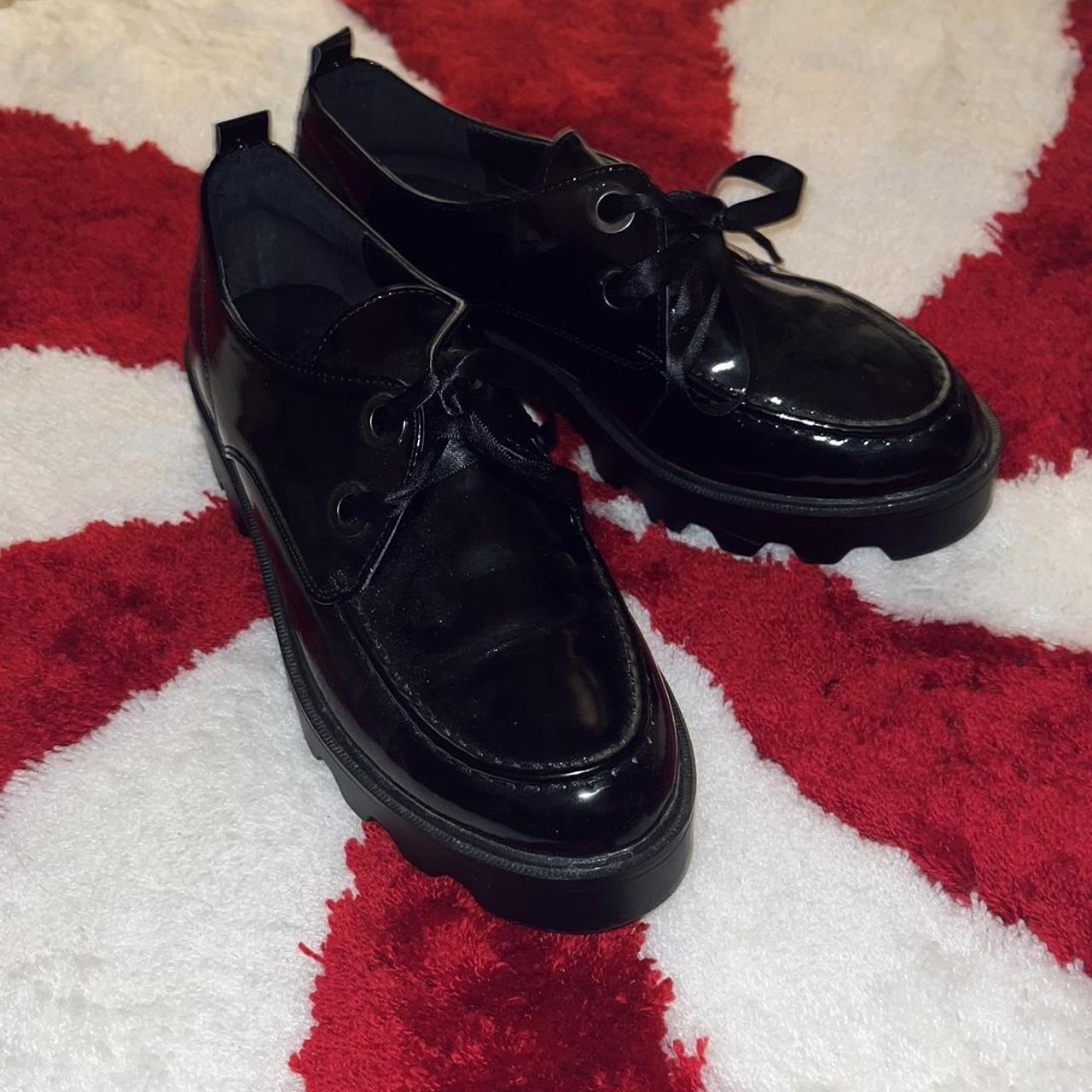 Some shiny black shoes with silky ribbon laces!... - Depop