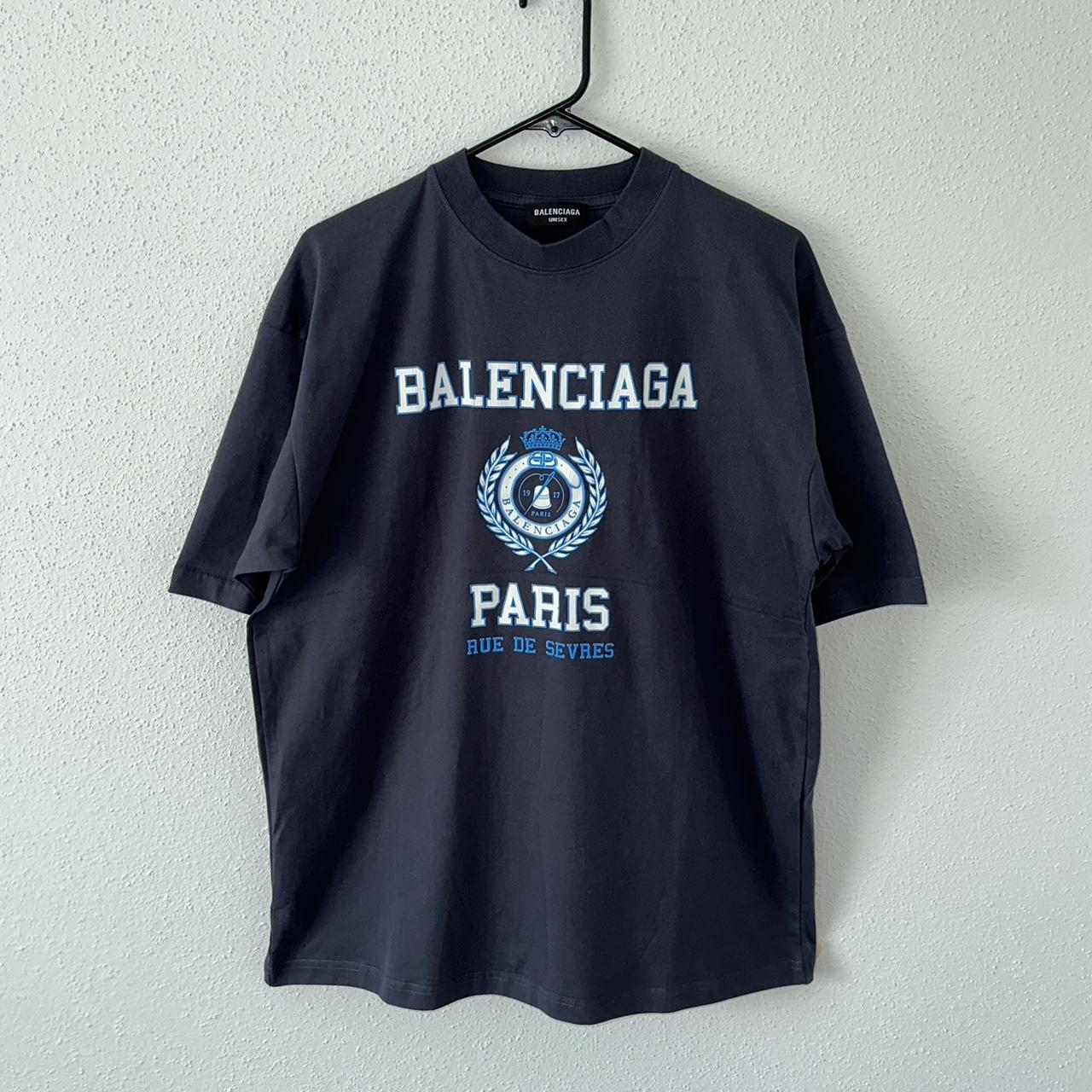 Balenciaga Women's Navy and White T-shirt | Depop