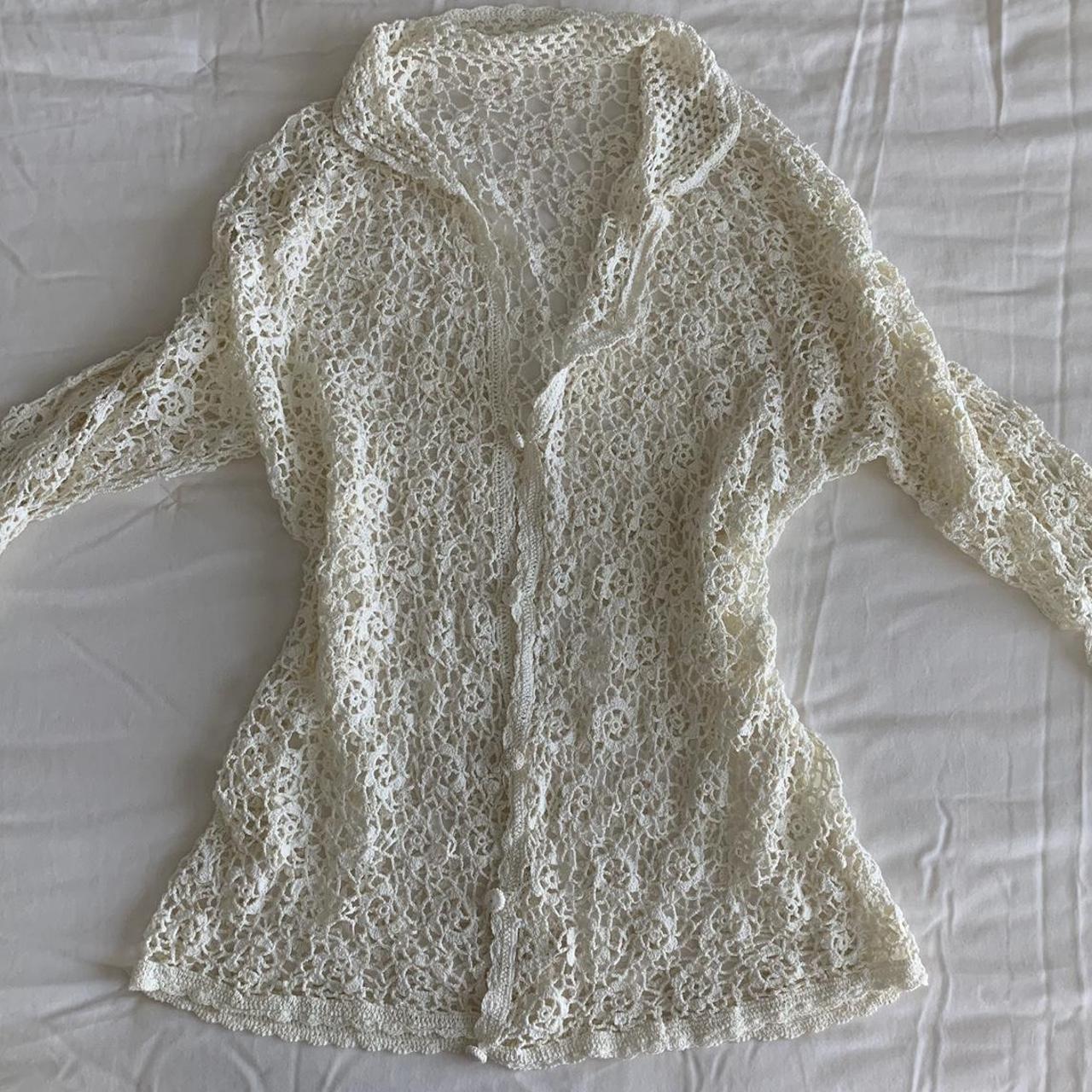 Vintage-Style Cream Crochet Cardigan Long... - Depop