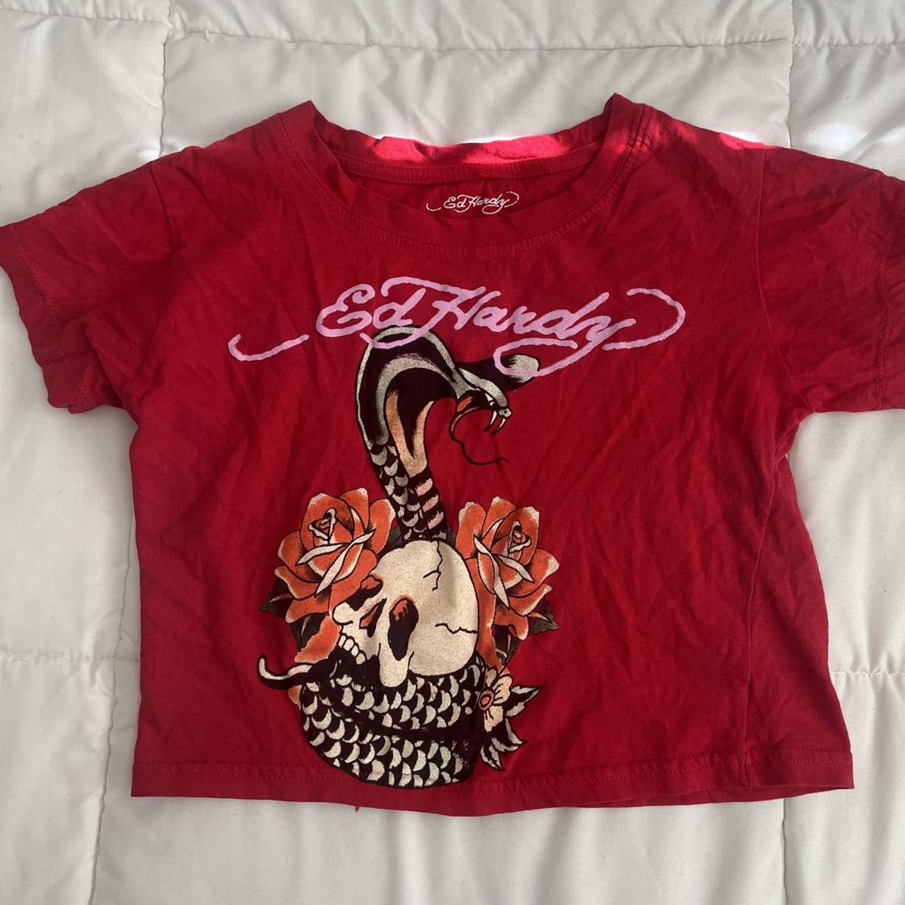 Ed Hardy Women's Red and Black Crop-top | Depop