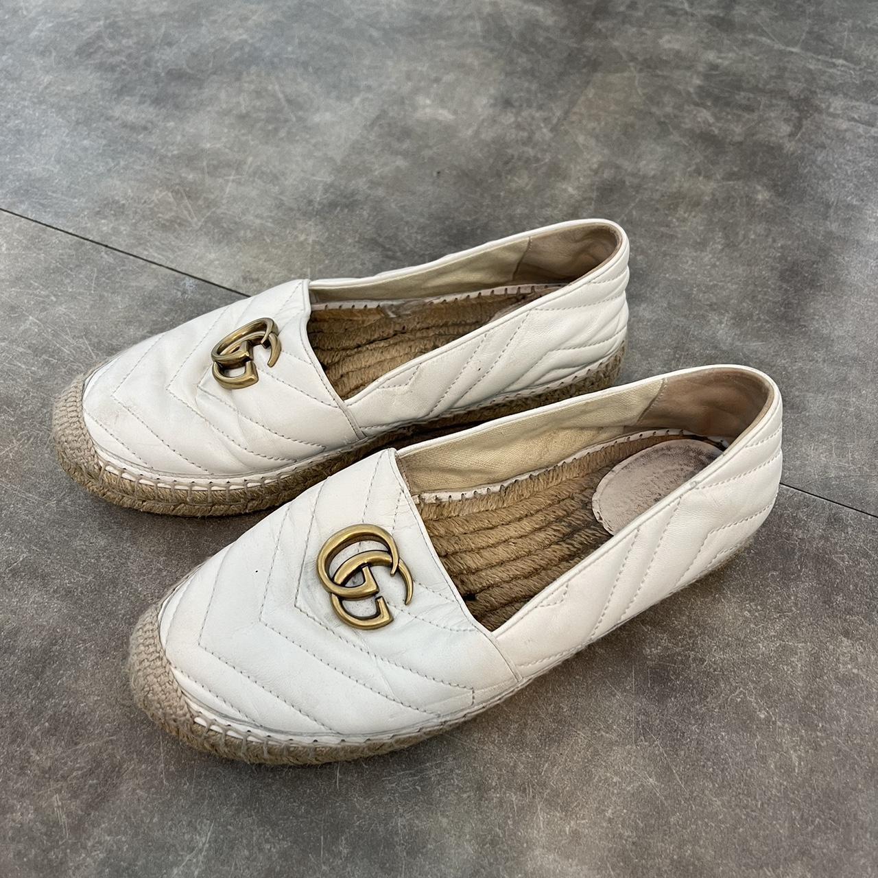 Leather espadrille wedge sandals in white - Gucci