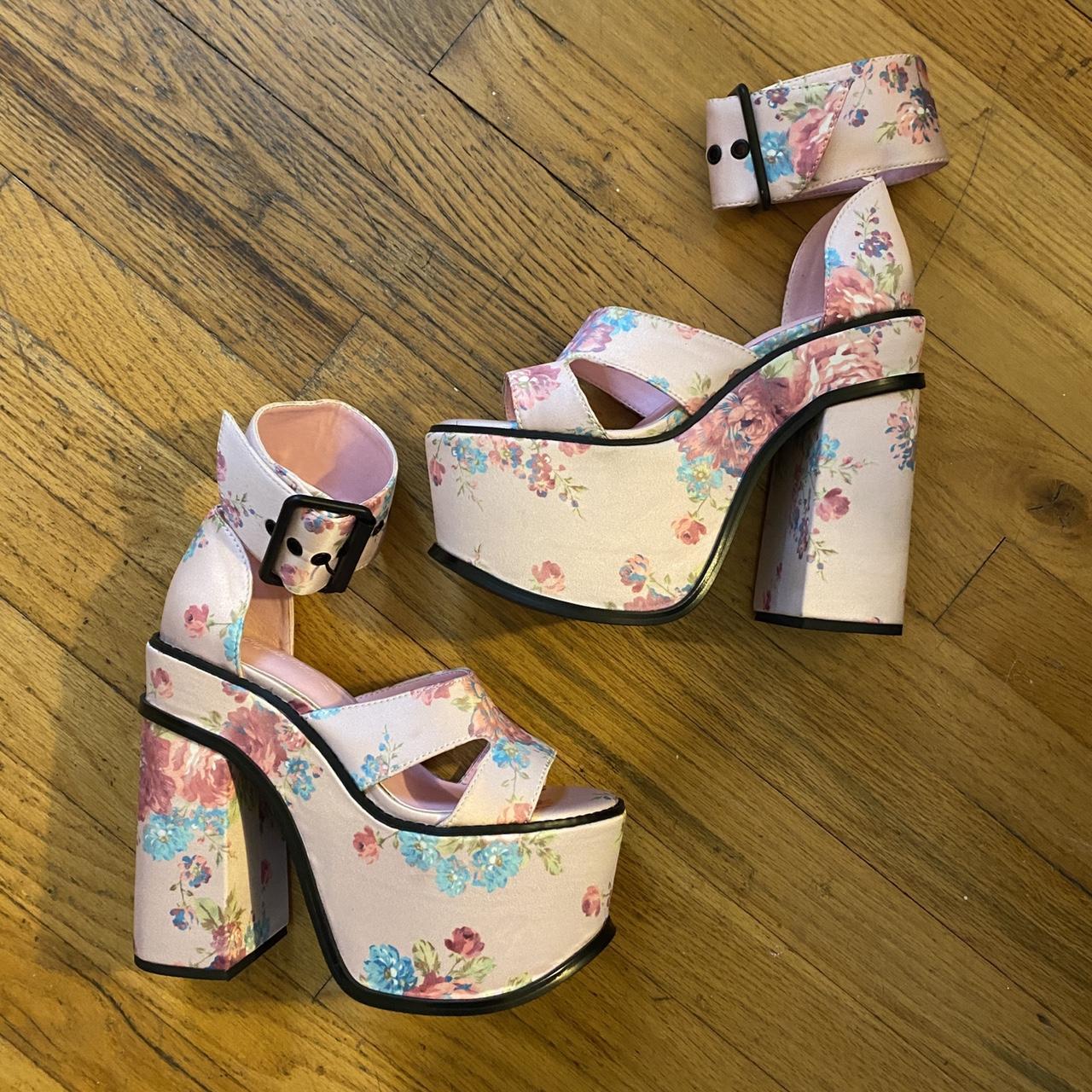 Dolls Kill Sugar Thrillz Pink Floral Platform Heels... - Depop