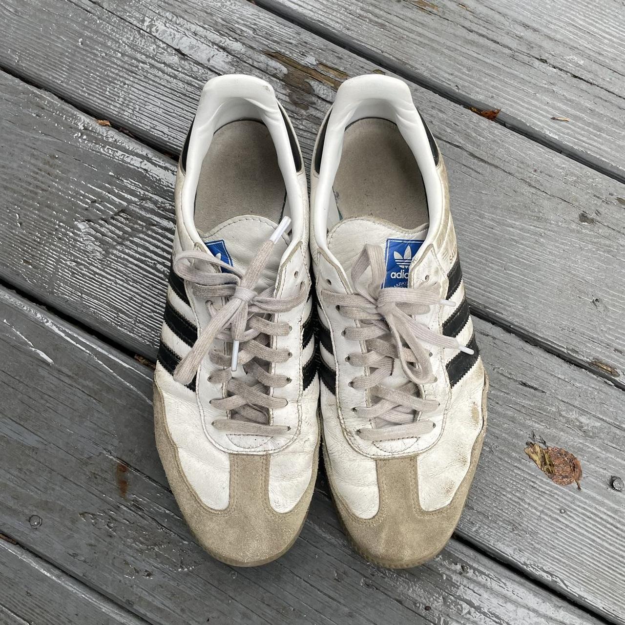 Beat up white sambas all flaws shown no holes size... - Depop