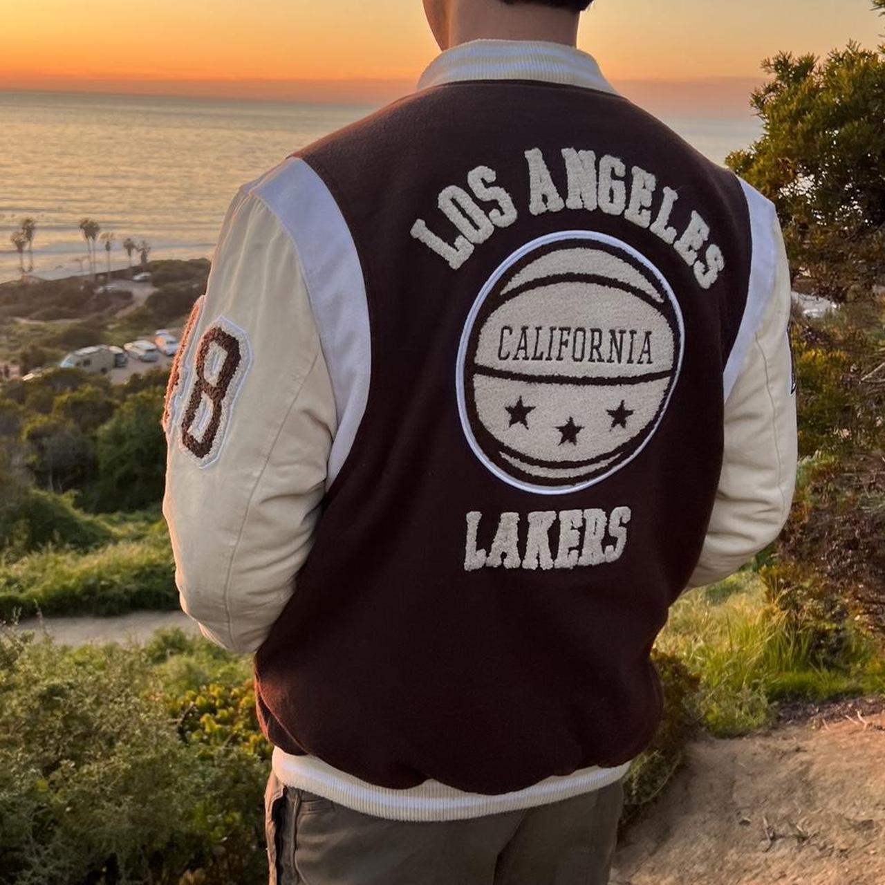 Brown and cream Los Angeles lakers varsity jacket - Depop