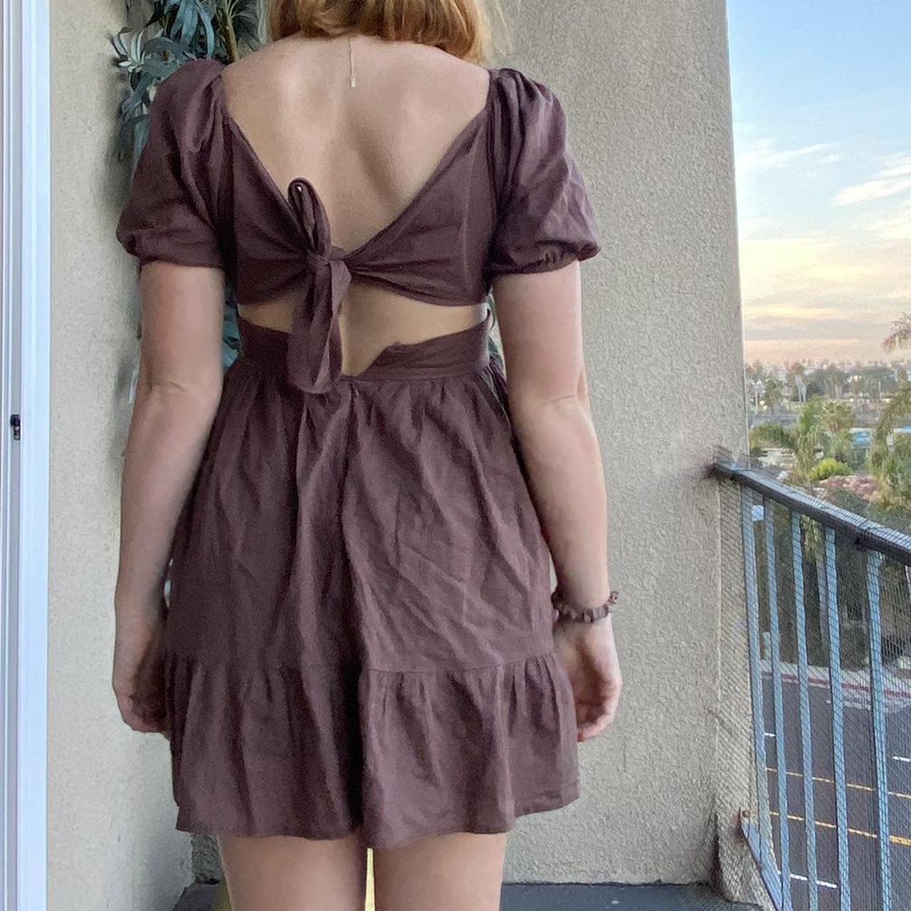 Brown ruffle hem mini dress with square neck Size:... - Depop