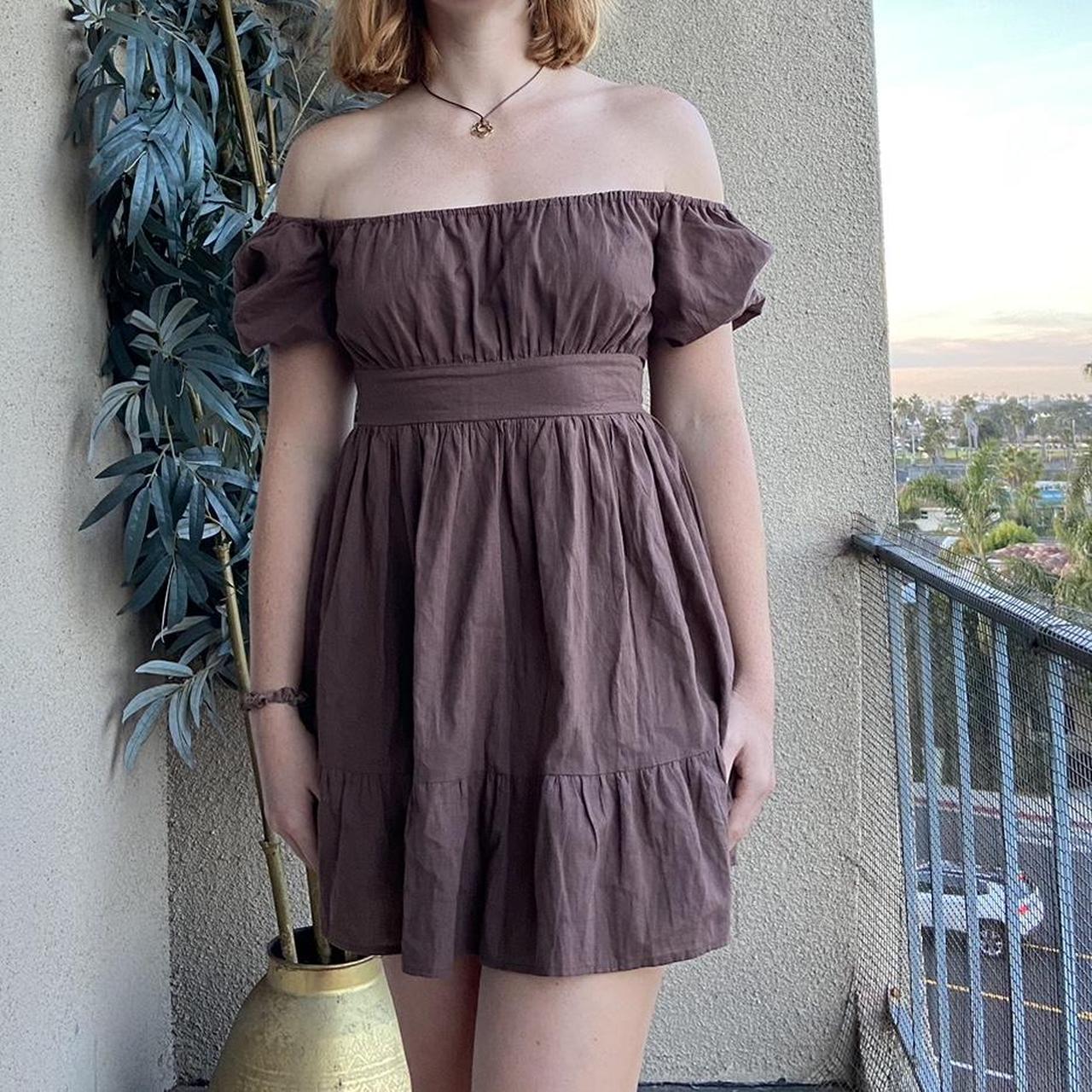 Brown ruffle hem mini dress with square neck Size:... - Depop