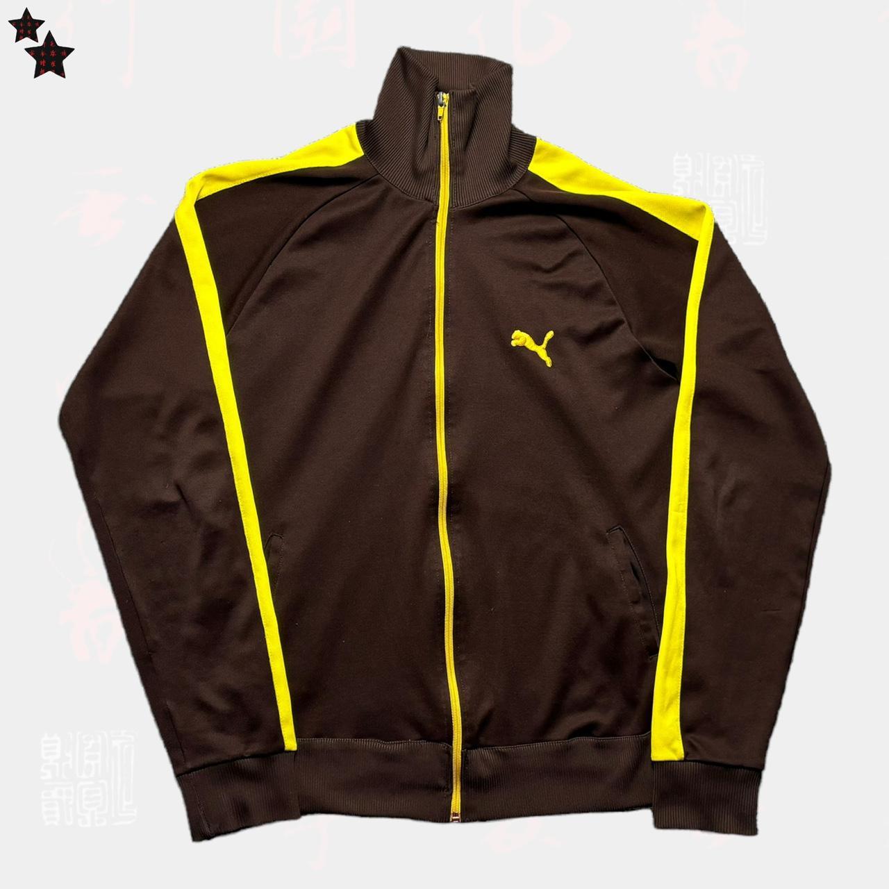 Brown and yellow puma zip up track jacket. Size | Depop