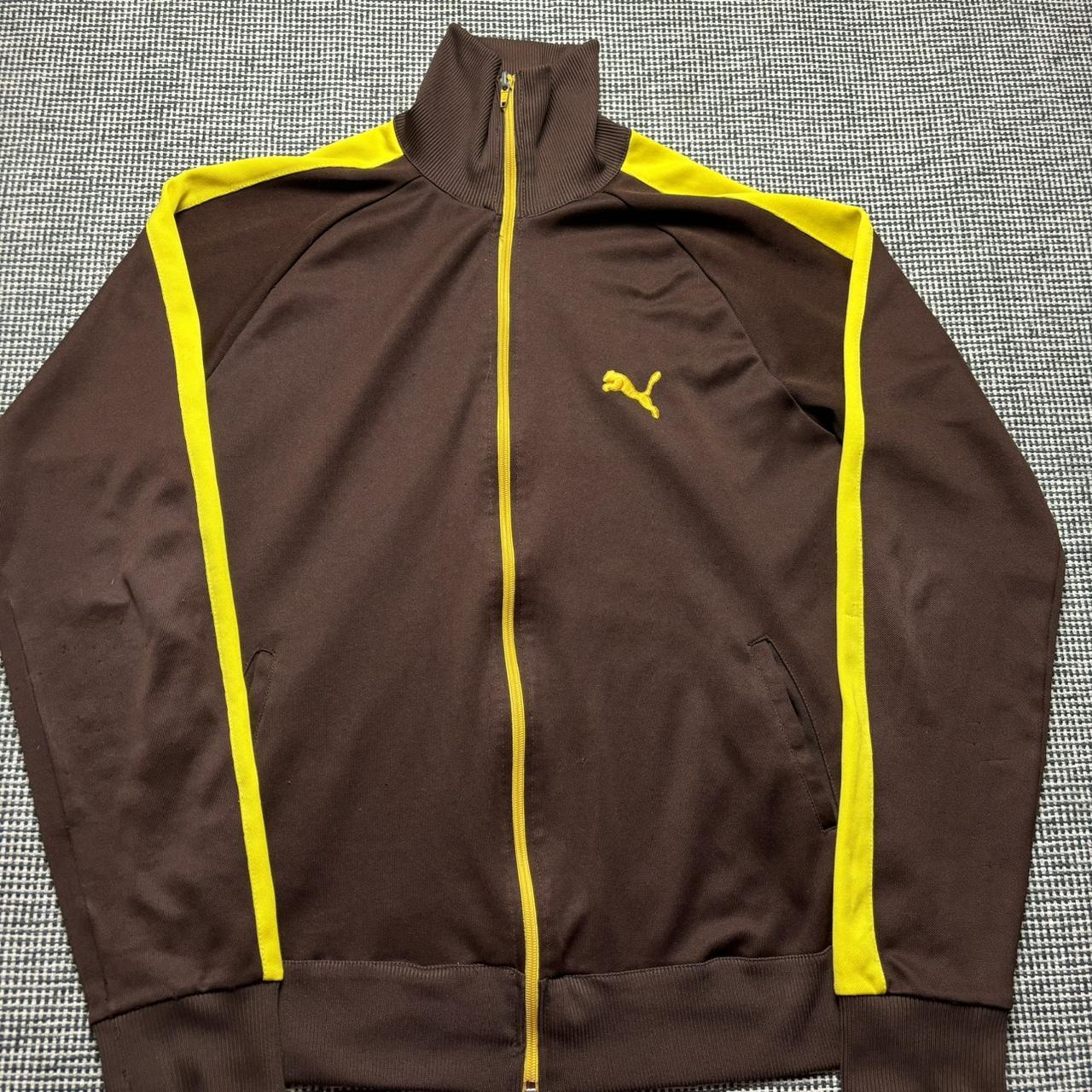 Brown and yellow puma zip up track jacket. Size | Depop