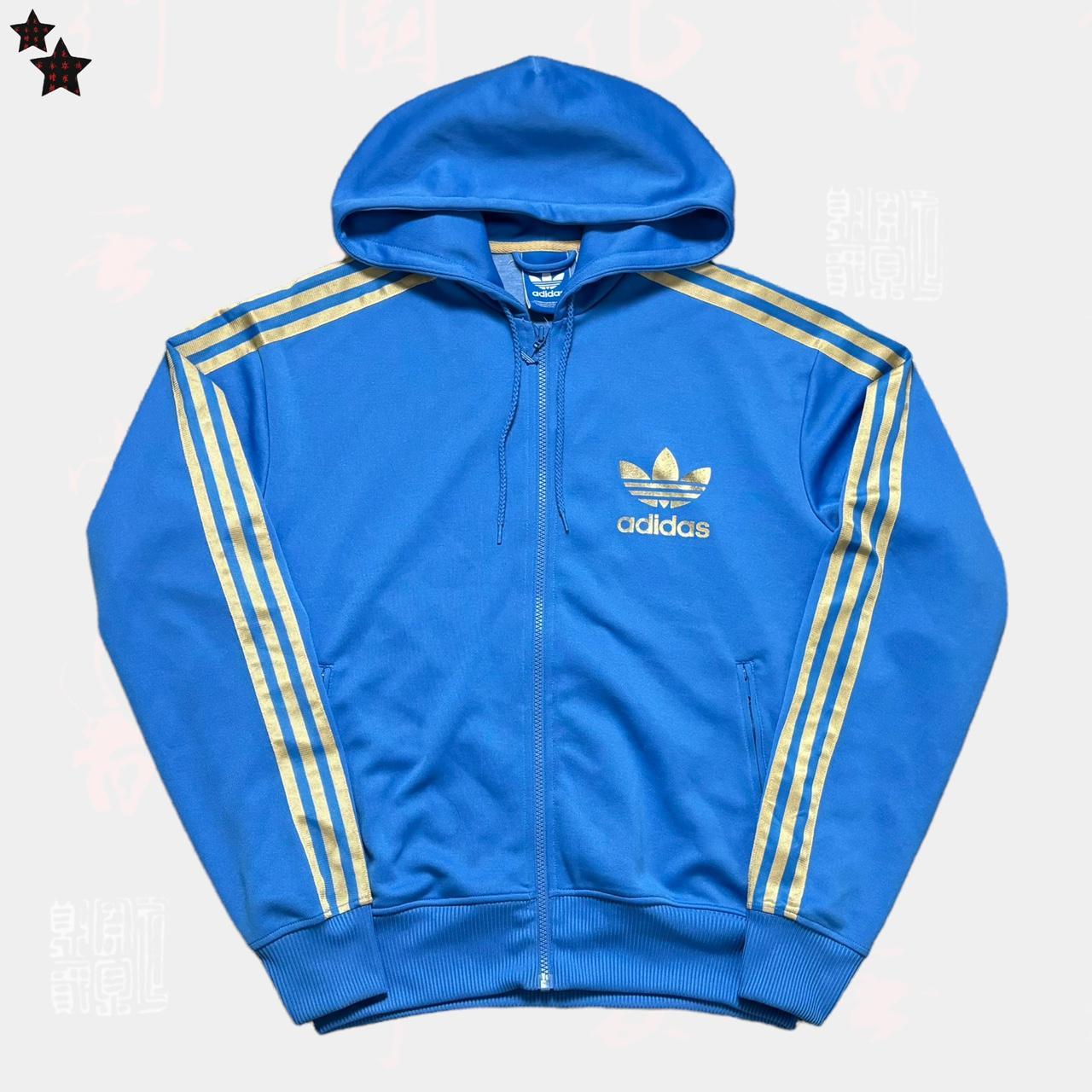 Blue and gold adidas zip up hoodie. Tag size medium.... - Depop