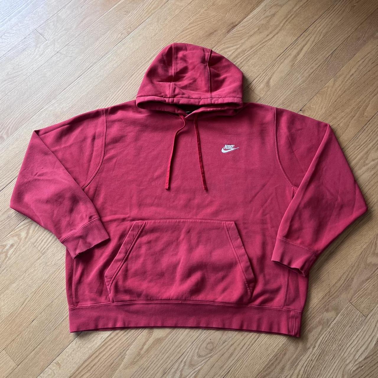 Nike Club Logo Hoodie Red Distressed Essential... - Depop