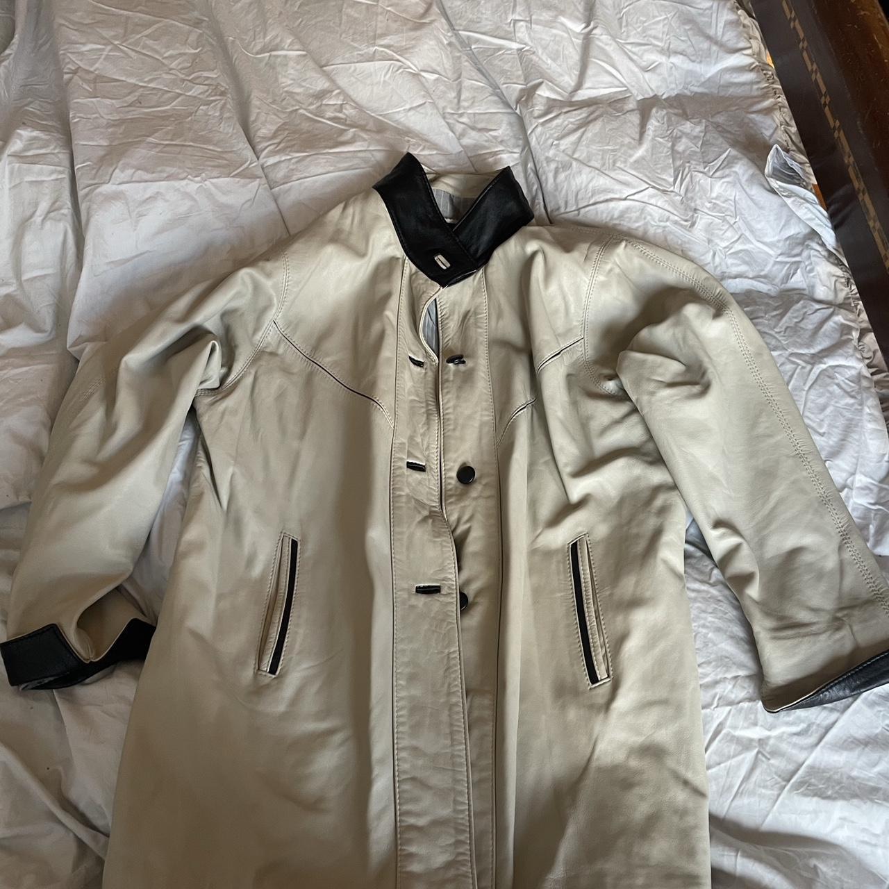 Cream and black real leather vintage jacket In... - Depop