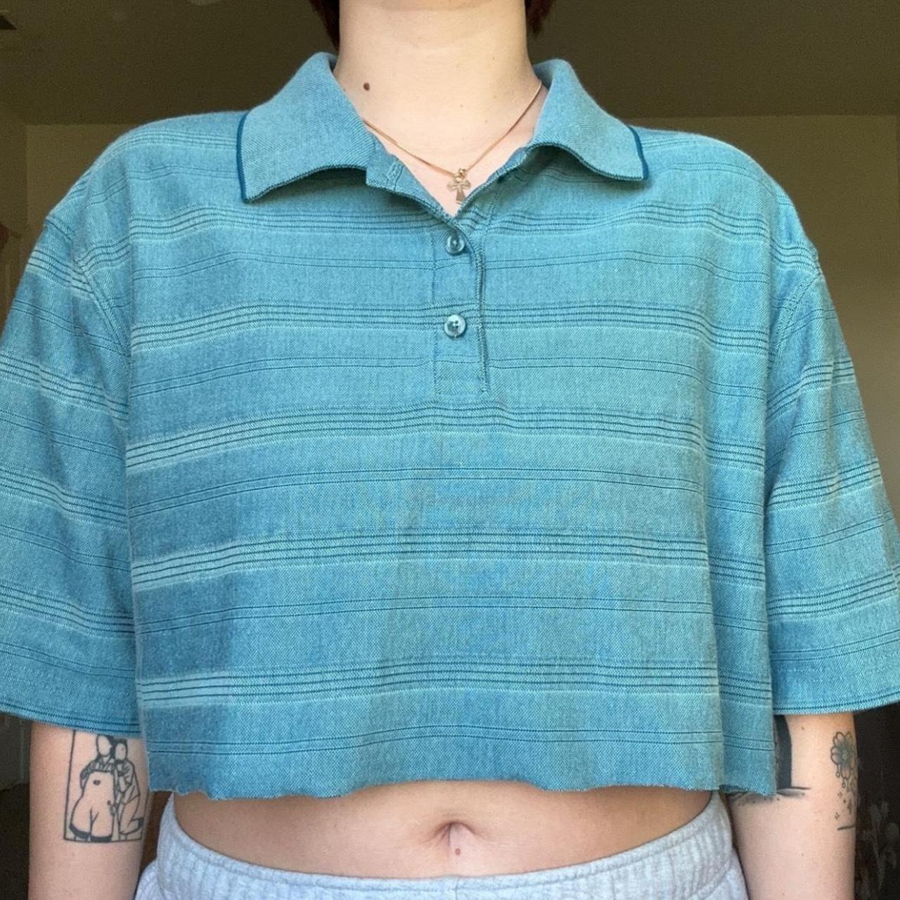 Vintage Cropped Blue Striped Polo 🩵 ️ Size: L (fits - Depop