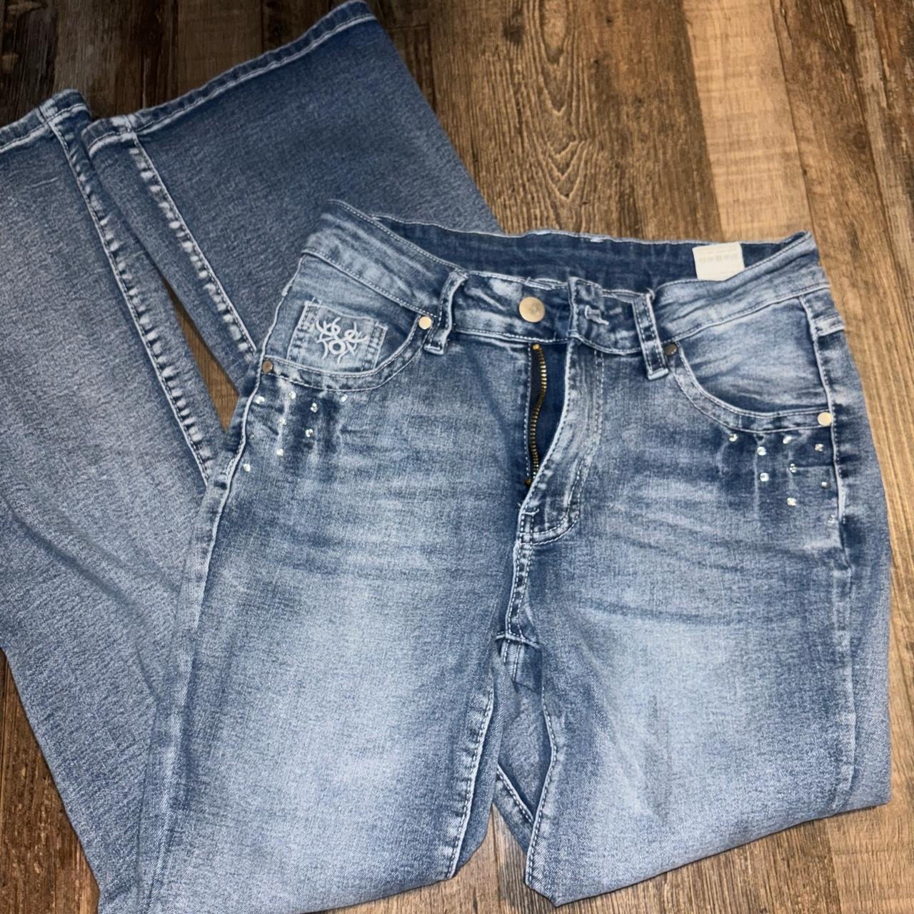 super cute flare jeans mid rise stretchy, around... - Depop