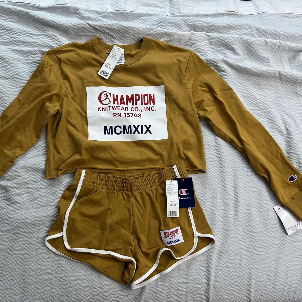 Champion yellow and white crop top and shorts set. Depop