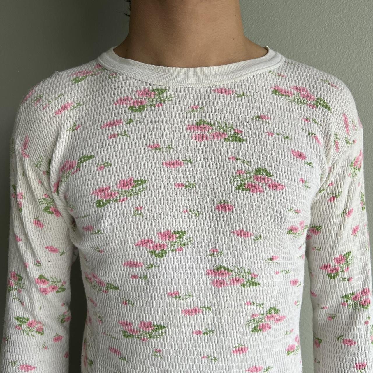 Floral Thermal Shirt 80s White Waffle Knit Flower Print Long, Shop Exile