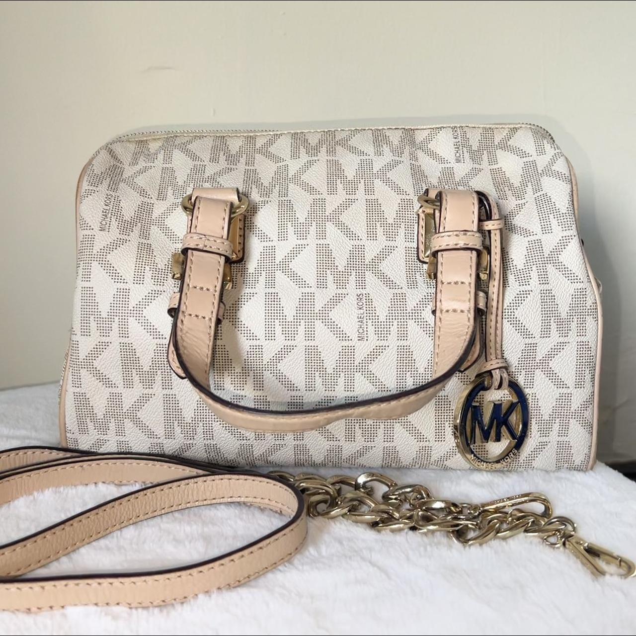 MICHAEL Michael Kors White/Beige Signature Coated Canvas and Leather  Grayson Boston Bag MICHAEL Michael Kors