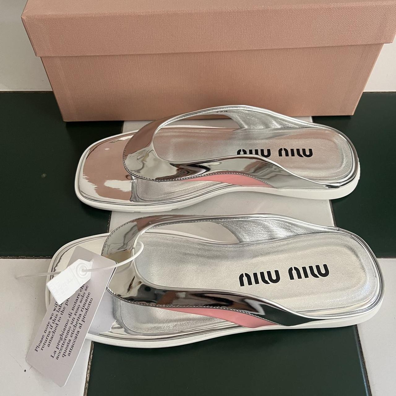 Miu Miu flip flops sandals silver metallic with pink | Depop
