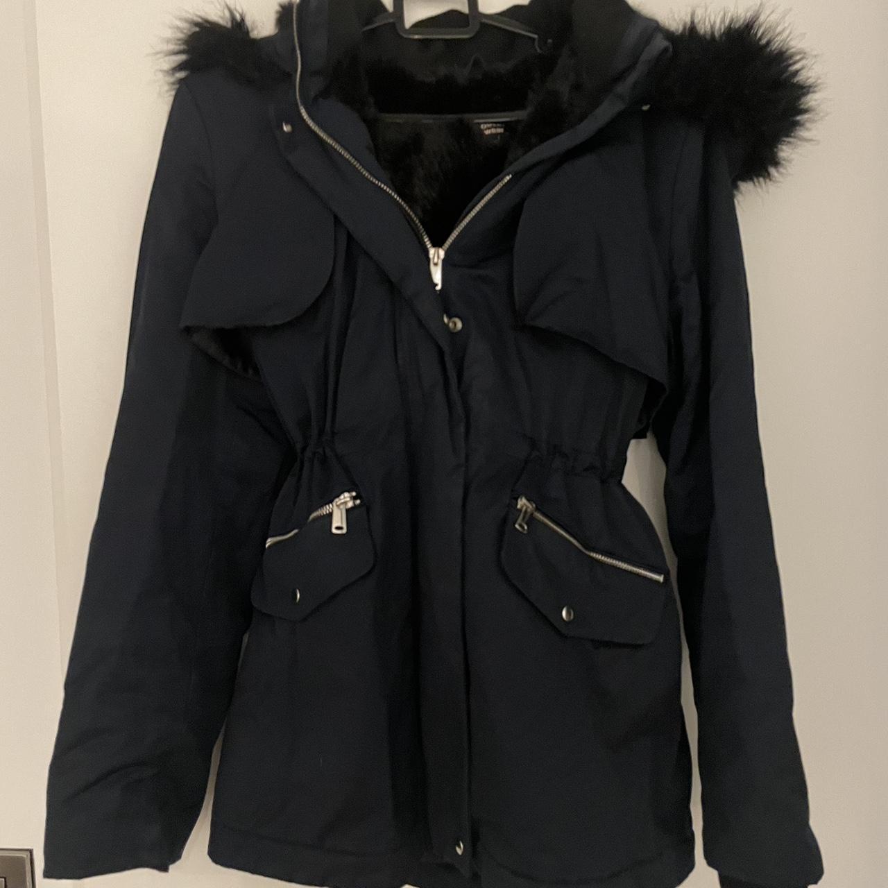 Zara navy blue coat with fur trimmed hood size 10... - Depop