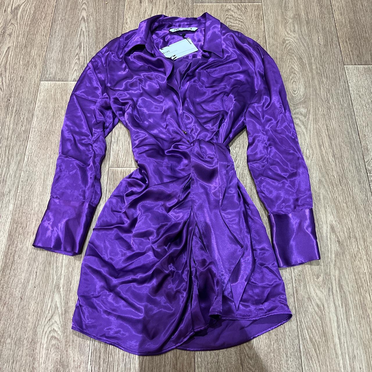 purple zara long sleeve wrap mini satin dress - tags... - Depop