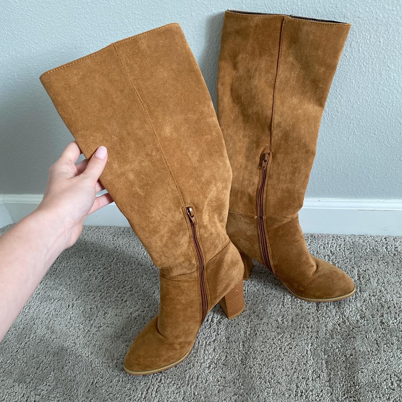 heeled brown knee high boots