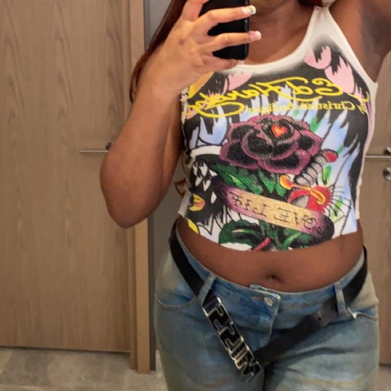 Ed Hardy cropped tank with diamanté detailing SIZE:... - Depop