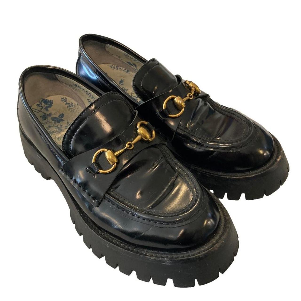 Black leather lug sole platform loafers from Gucci.... - Depop