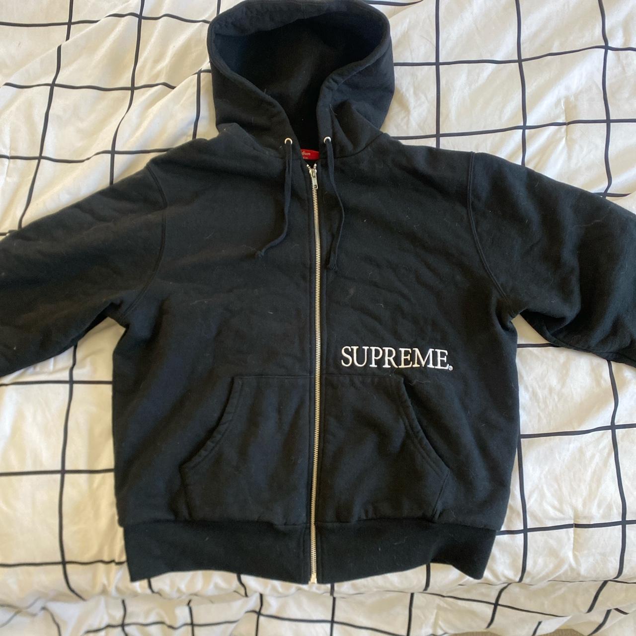 This is a black zip up SUPREME logo jacket. Very... - Depop