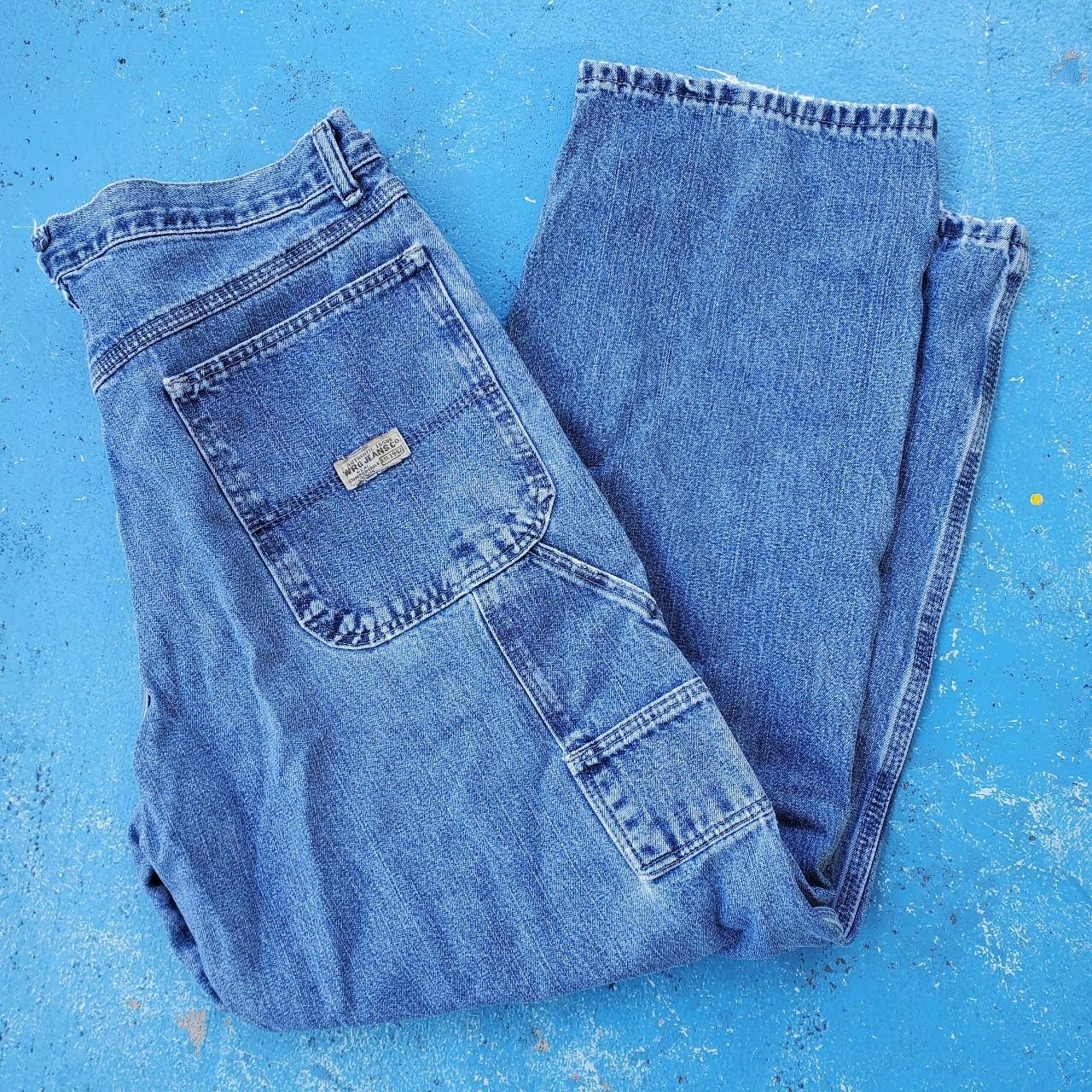 Wrangler carpenter jeans distressed one cut spot... - Depop