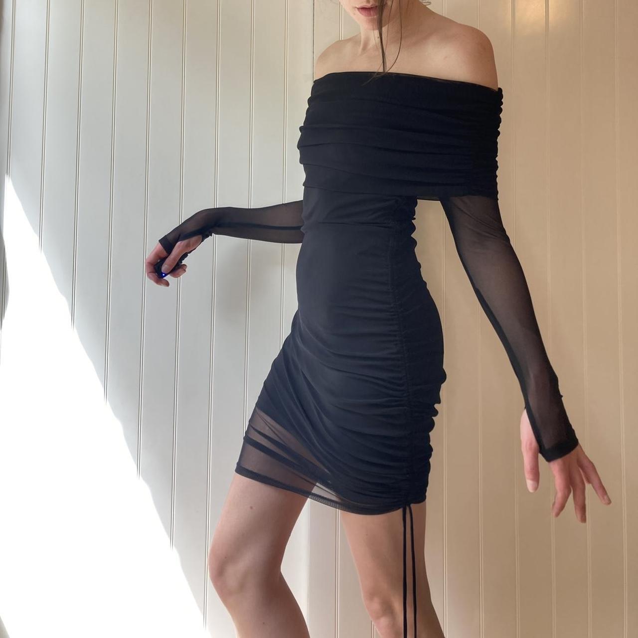 Black mesh ruched Bardot dress with long sleeves and