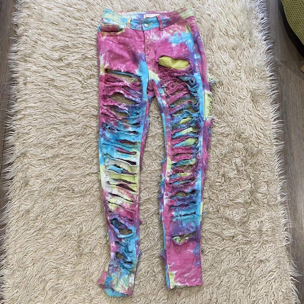 Super ripped tie-dye jeans (about 50 holes) yet... - Depop