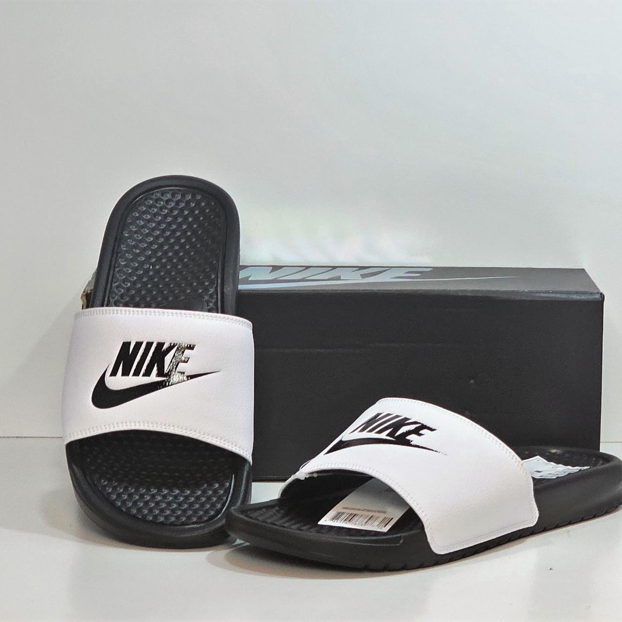 Black and white benassi slides hotsell