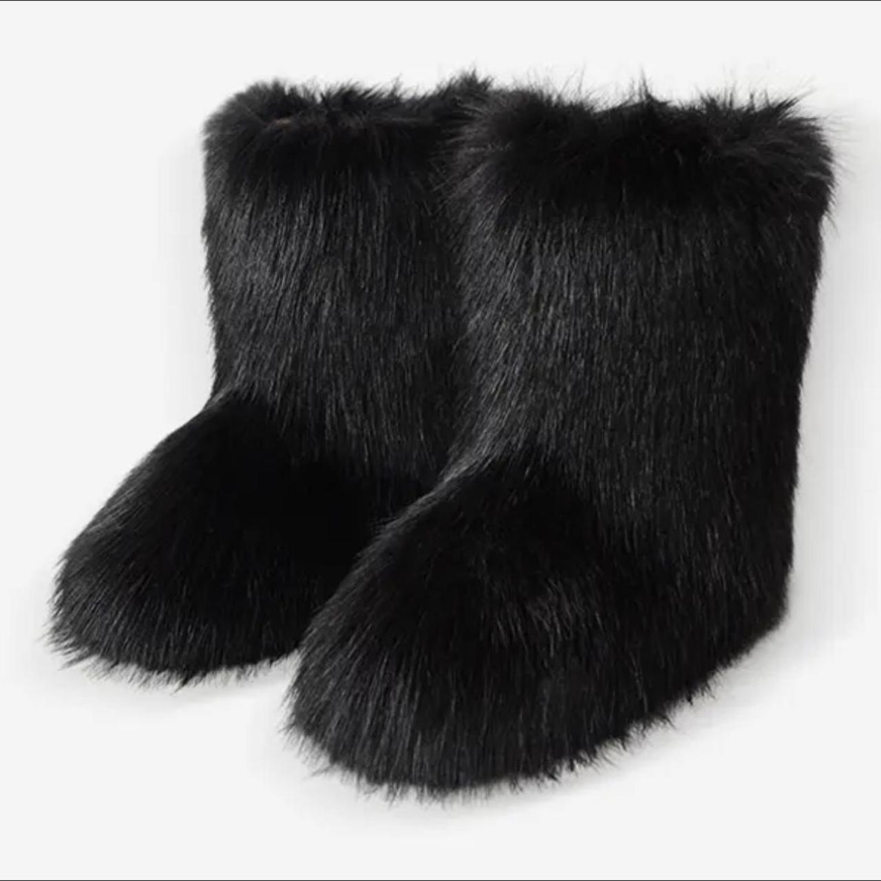 Black faux fur fluffy fur lined snow moon boots yeti... - Depop