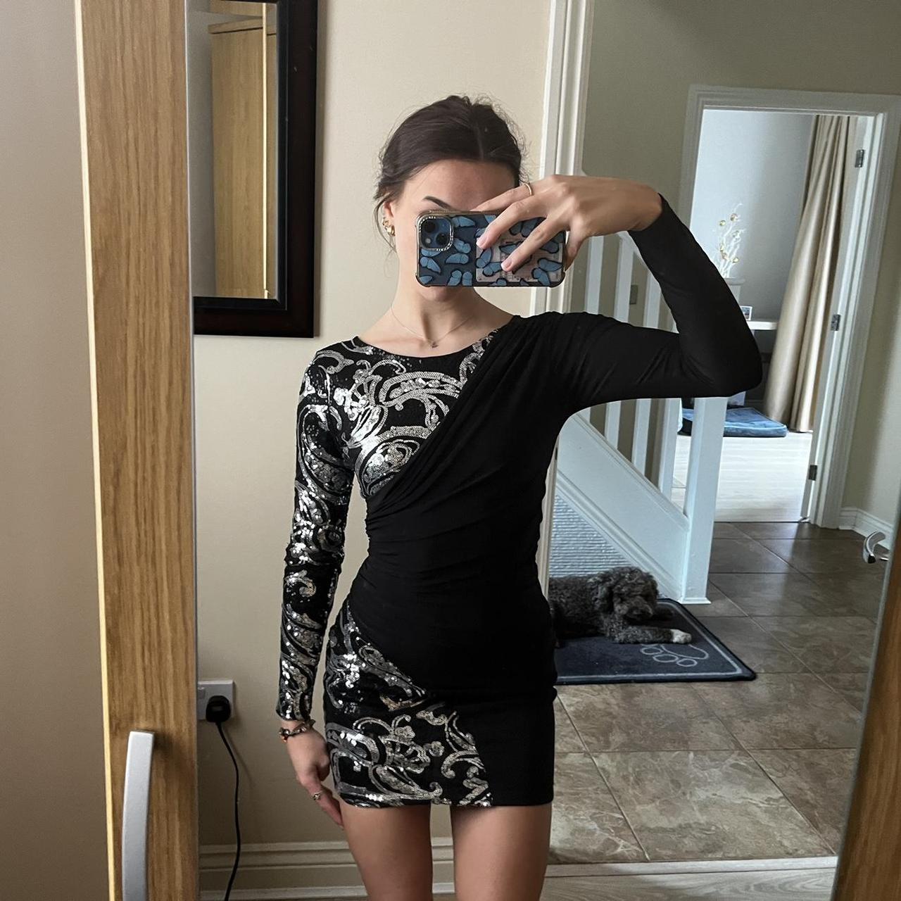 Long-sleeve Mini Dress Black & Sequin Pattern Size... - Depop