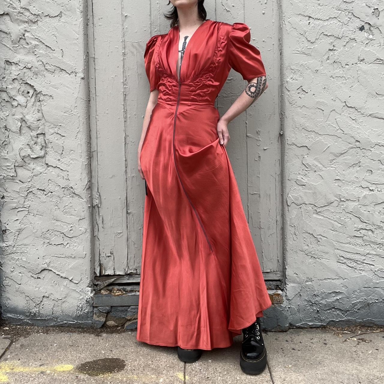 GORGEOUS 1930s bias cut red jewel satin zip up gown... - Depop