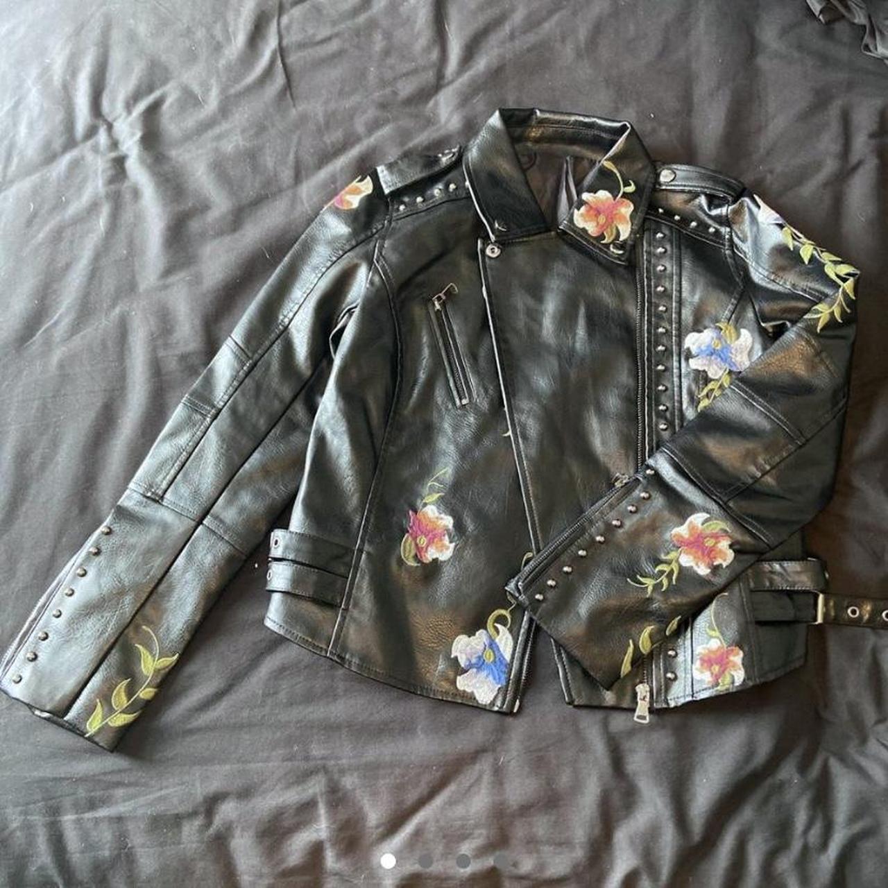 FAUX leather jacket with flower embroidery and