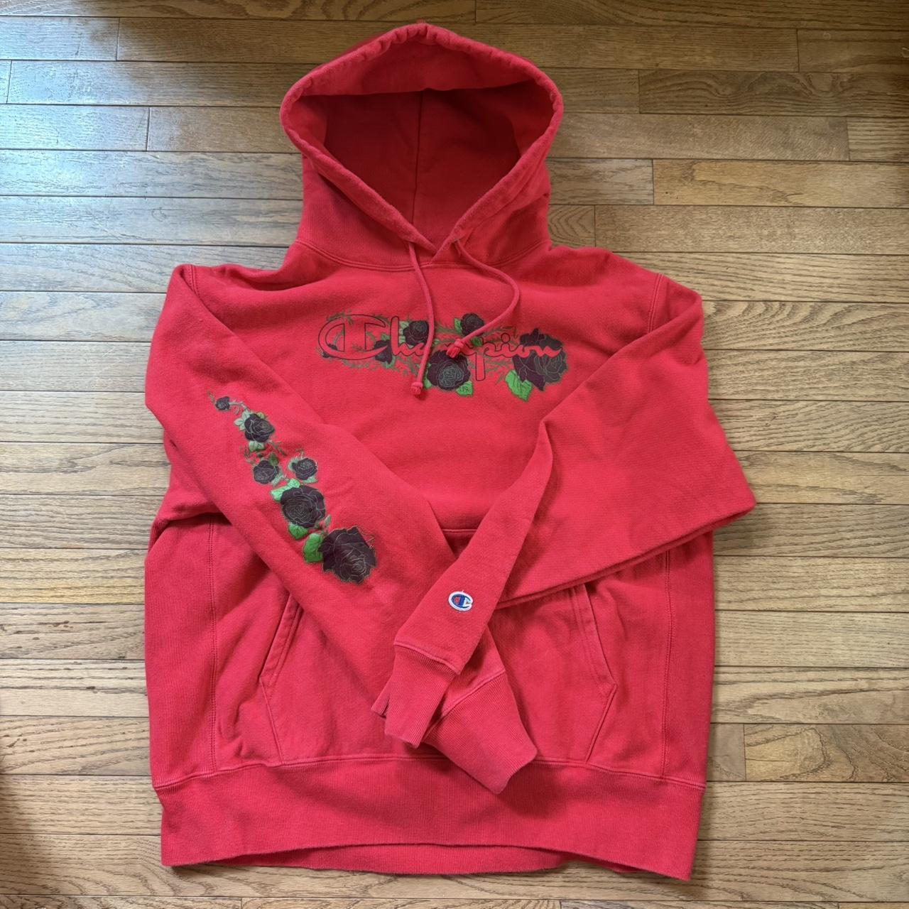 Red Champion Roses Reverse-Weave Hoodie Size Depop