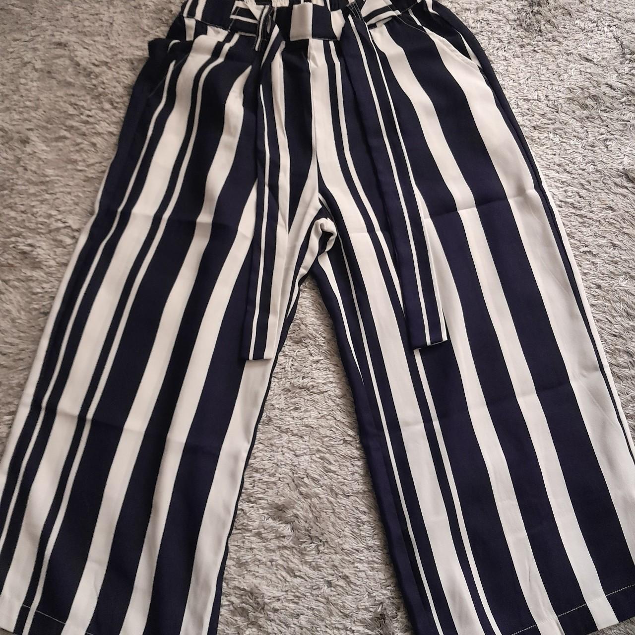 New Look Navy White Striped Wide Leg Trousers Size... - Depop