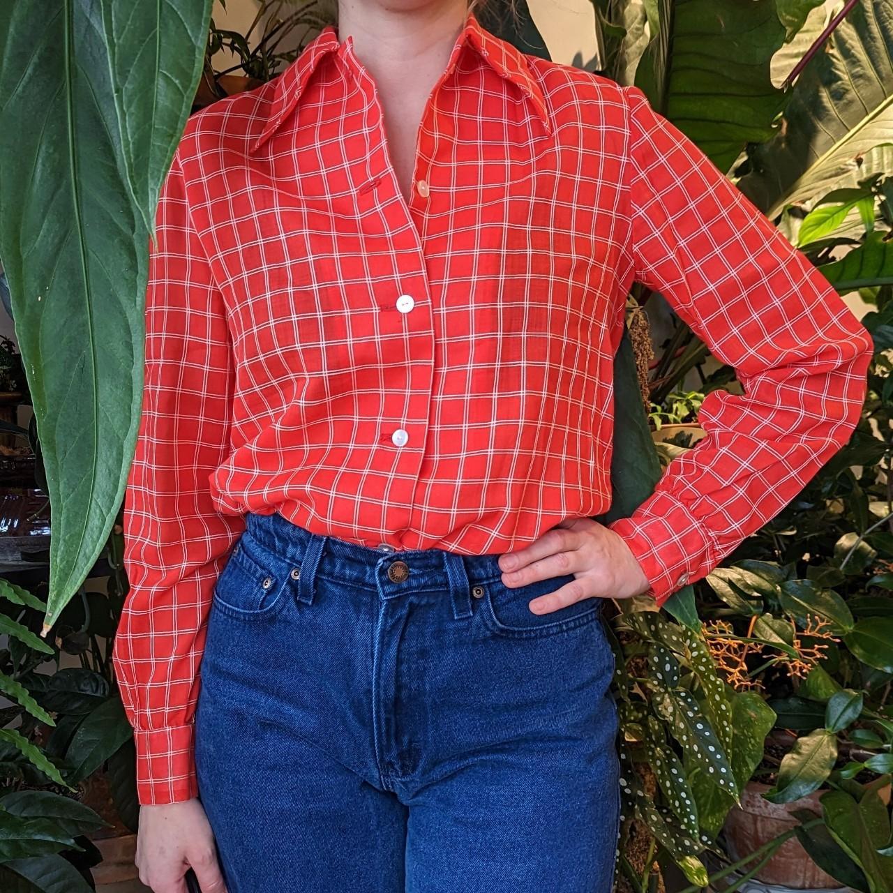 70s bright red plaid handmade button up shirt. The...