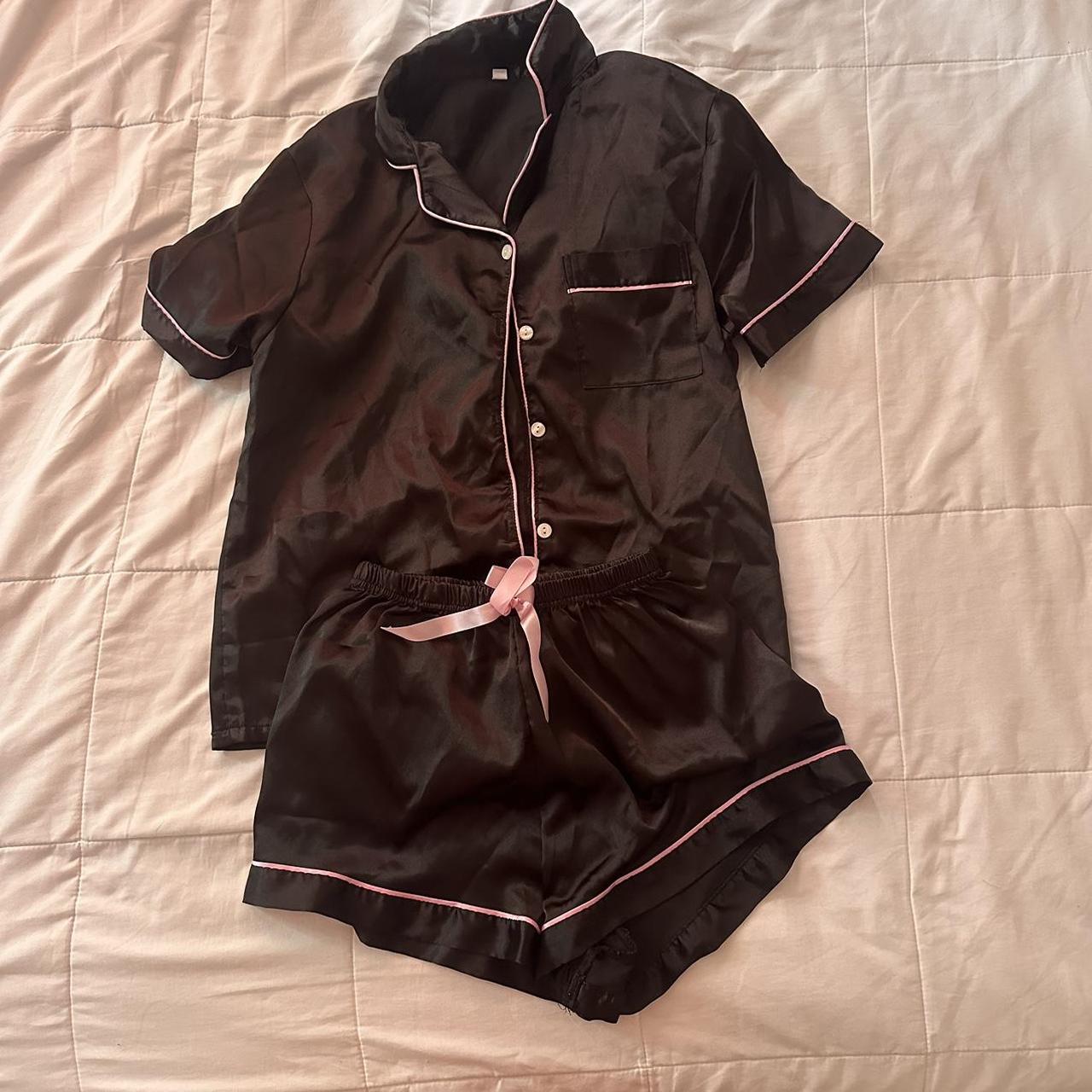 black silk pj set with pink accent and bow from amazon - Depop