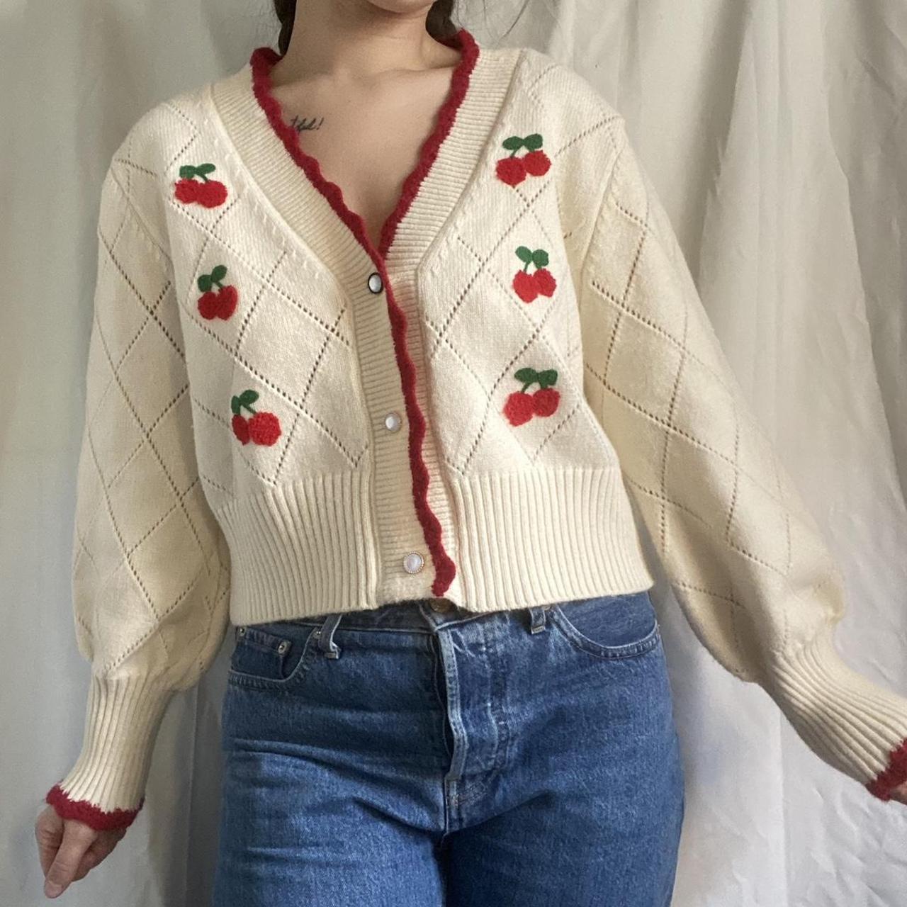 Cider Women's White and Red Jumper | Depop