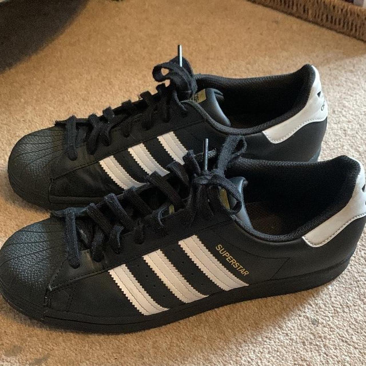 adidas black and white superstars worn like 4/5... - Depop