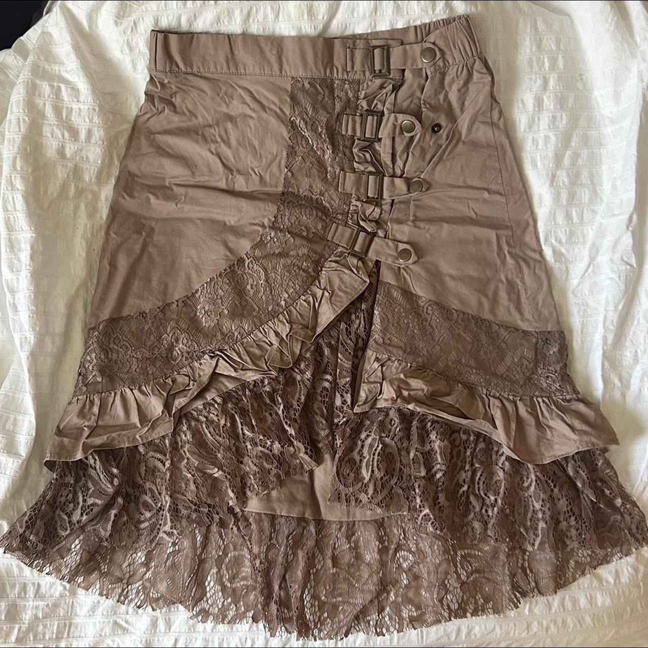 Mauve Midi Skirt with lace and buckle button... - Depop