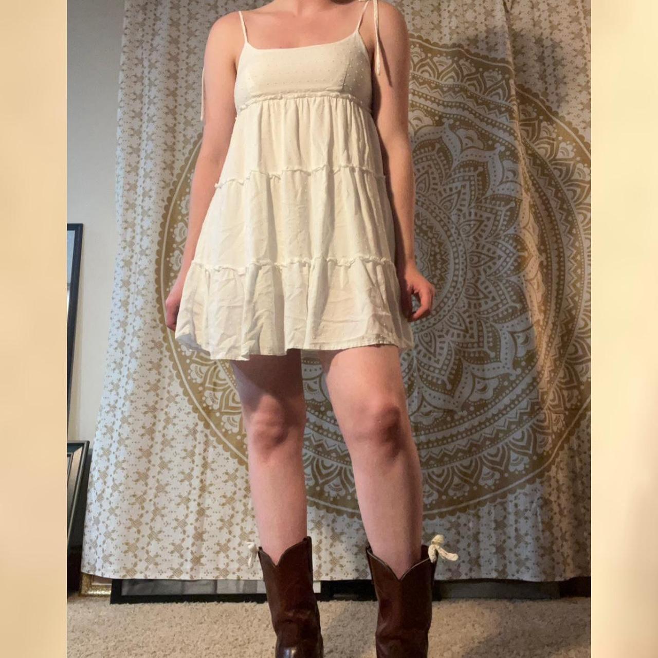 -White babydoll mini dress -Cute polka dot texture... - Depop
