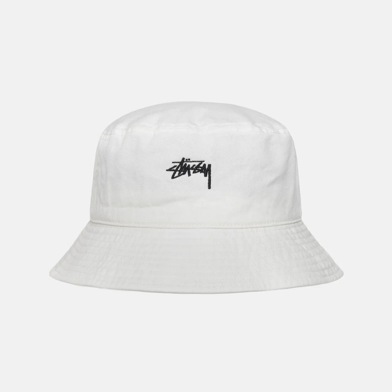 stussy logo embroided white bucket hat cotton... - Depop