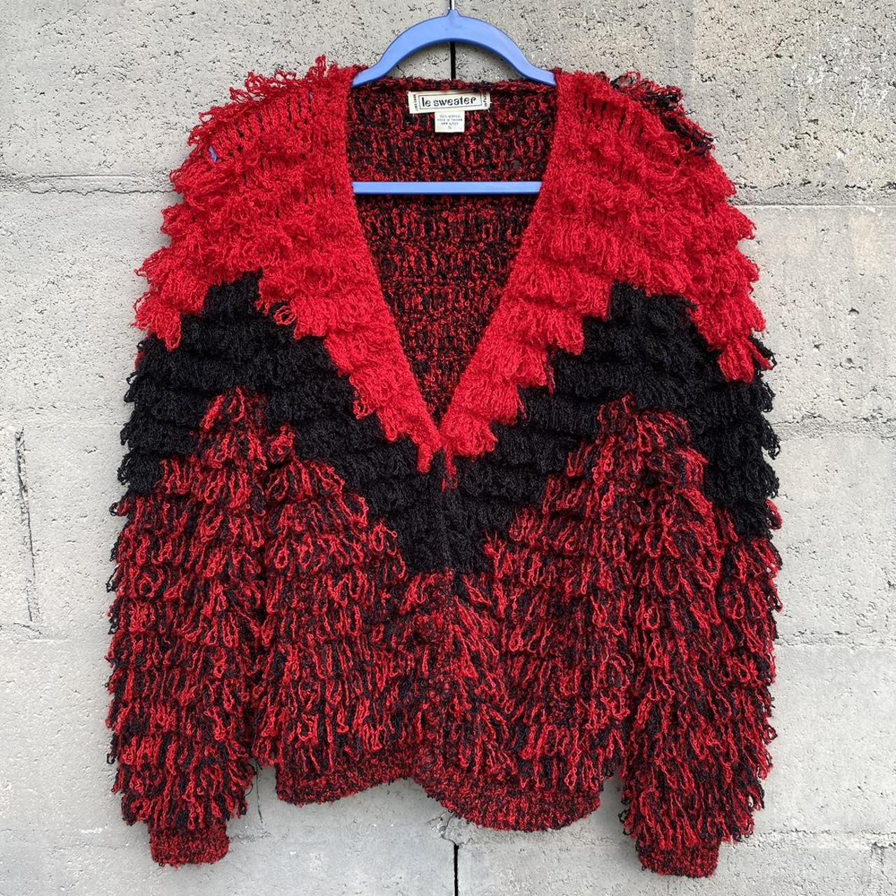 Vintage 70s Le Sweater hand crocheted shaggy red and... - Depop