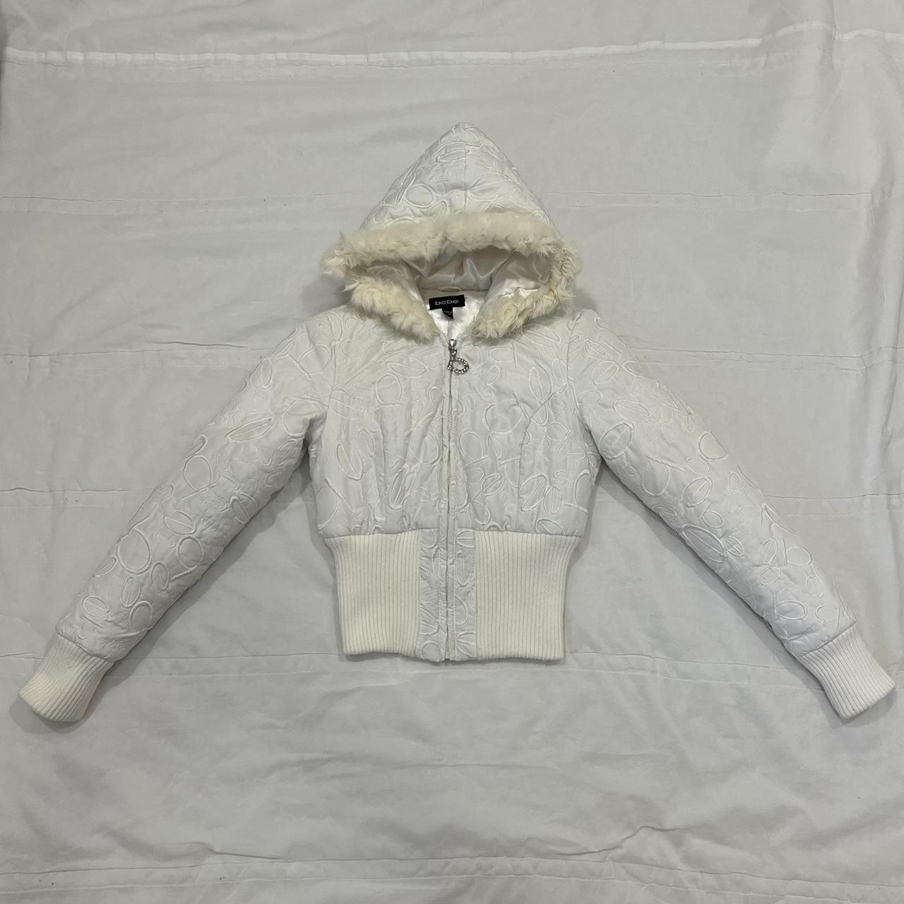 White bebe fur trim hood jacket cropped jacket... - Depop